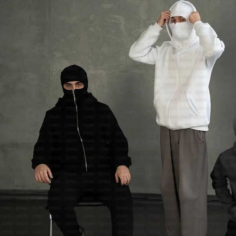 Balaclava Men Zip Hoodie Warm Casual Jacket Sweatshirt Y2K Hooded Face Mask Zipper Design Sports Jacket Outdoor Coat Clothing