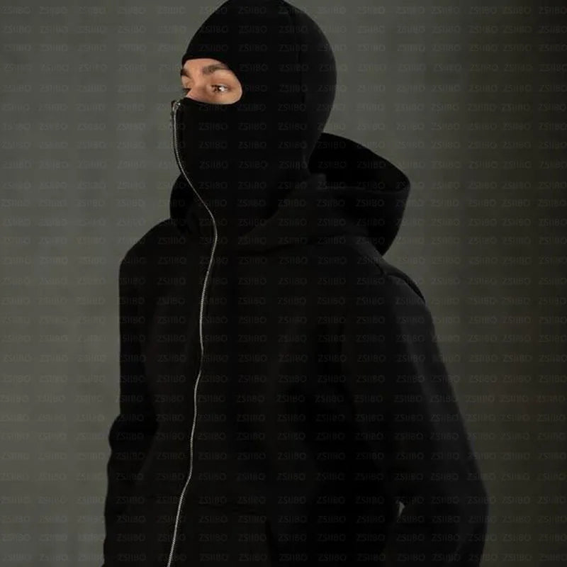 Balaclava Men Zip Hoodie Warm Casual Jacket Sweatshirt Y2K Hooded Face Mask Zipper Design Sports Jacket Outdoor Coat Clothing