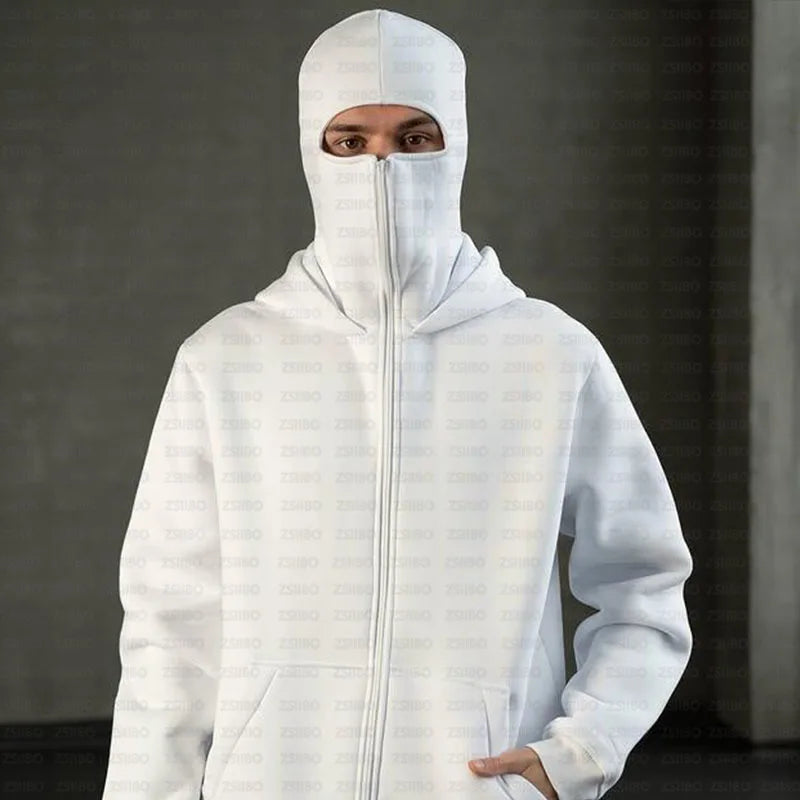 Balaclava Men Zip Hoodie Warm Casual Jacket Sweatshirt Y2K Hooded Face Mask Zipper Design Sports Jacket Outdoor Coat Clothing