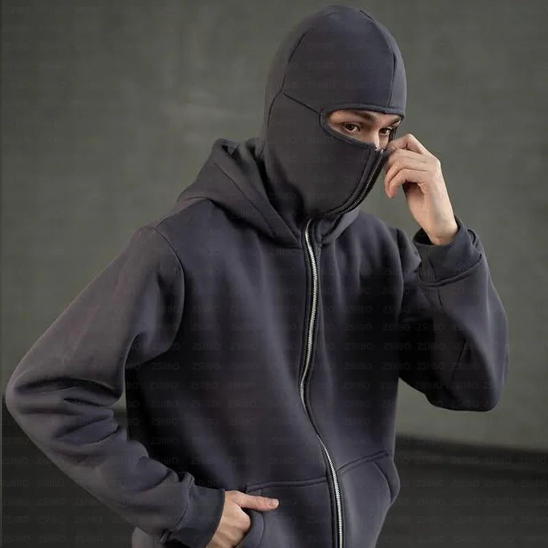 Balaclava Men Zip Hoodie Warm Casual Jacket Sweatshirt Y2K Hooded Face Mask Zipper Design Sports Jacket Outdoor Coat Clothing