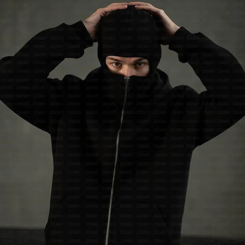 Balaclava Men Zip Hoodie Warm Casual Jacket Sweatshirt Y2K Hooded Face Mask Zipper Design Sports Jacket Outdoor Coat Clothing