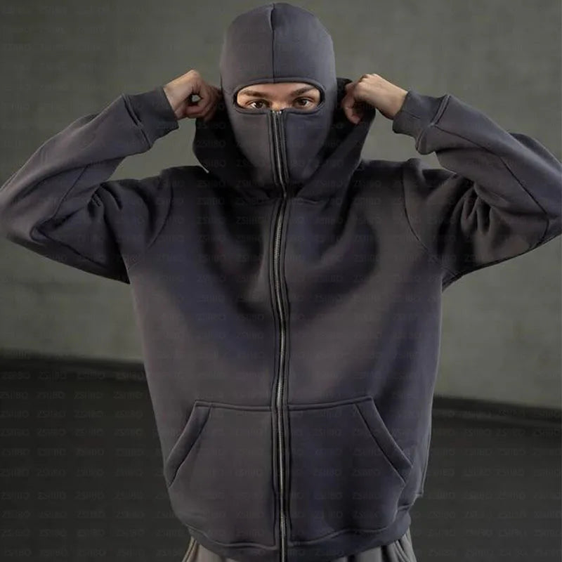 Balaclava Men Zip Hoodie Warm Casual Jacket Sweatshirt Y2K Hooded Face Mask Zipper Design Sports Jacket Outdoor Coat Clothing