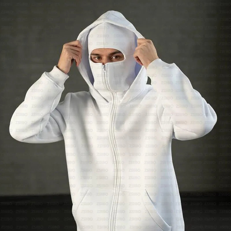 Balaclava Men Zip Hoodie Warm Casual Jacket Sweatshirt Y2K Hooded Face Mask Zipper Design Sports Jacket Outdoor Coat Clothing