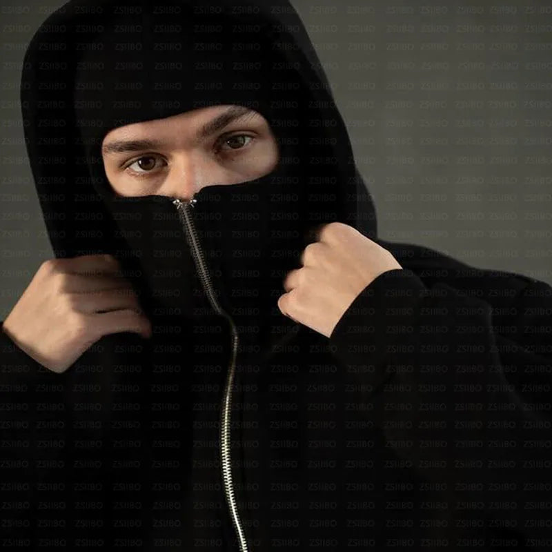 Balaclava Men Zip Hoodie Warm Casual Jacket Sweatshirt Y2K Hooded Face Mask Zipper Design Sports Jacket Outdoor Coat Clothing