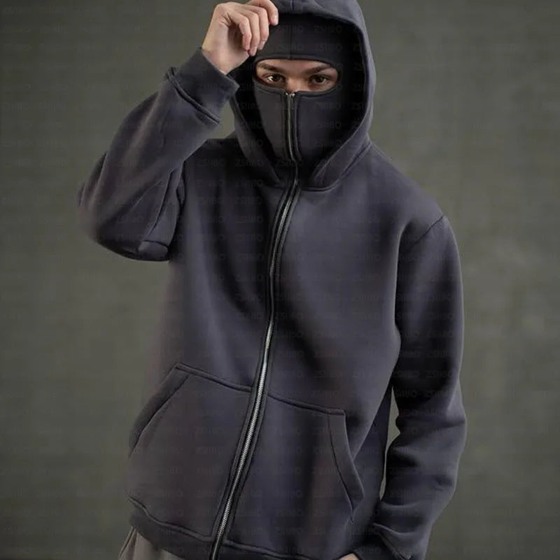 Balaclava Men Zip Hoodie Warm Casual Jacket Sweatshirt Y2K Hooded Face Mask Zipper Design Sports Jacket Outdoor Coat Clothing